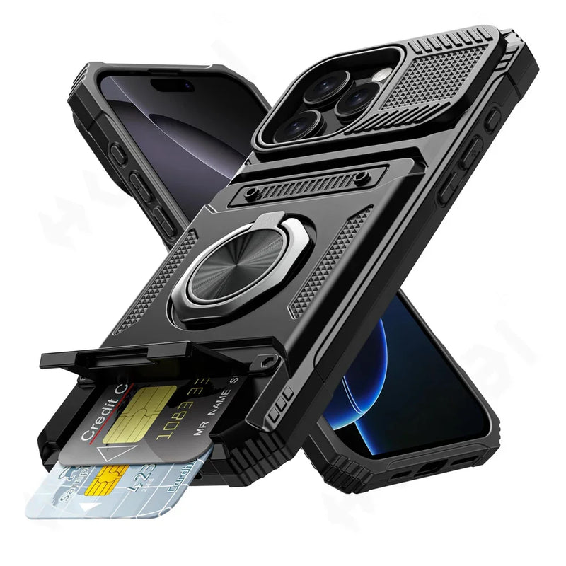 MagneticShield® iPhone Case – Heavy Duty Protection with Rotated Ring Kickstand & Wallet Cover