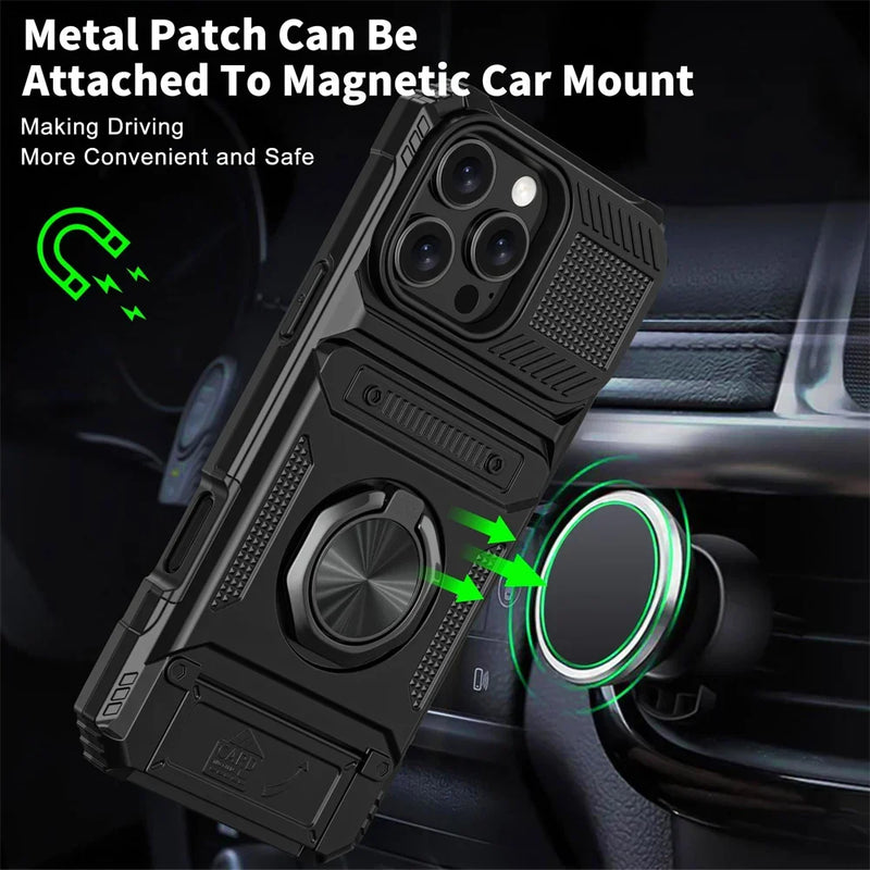 MagneticShield® iPhone Case – Heavy Duty Protection with Rotated Ring Kickstand & Wallet Cover