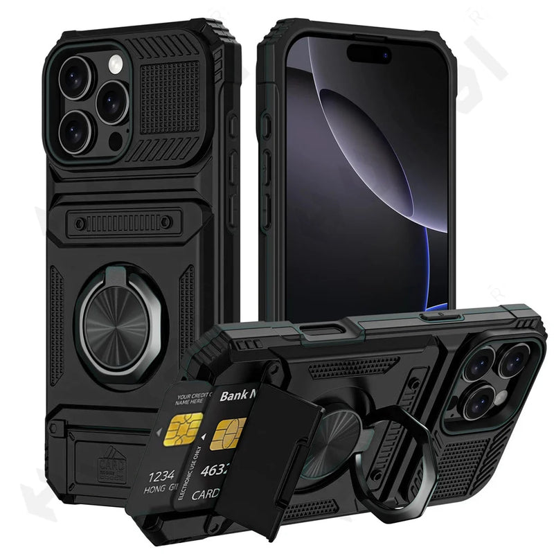 MagneticShield® iPhone Case – Heavy Duty Protection with Rotated Ring Kickstand & Wallet Cover