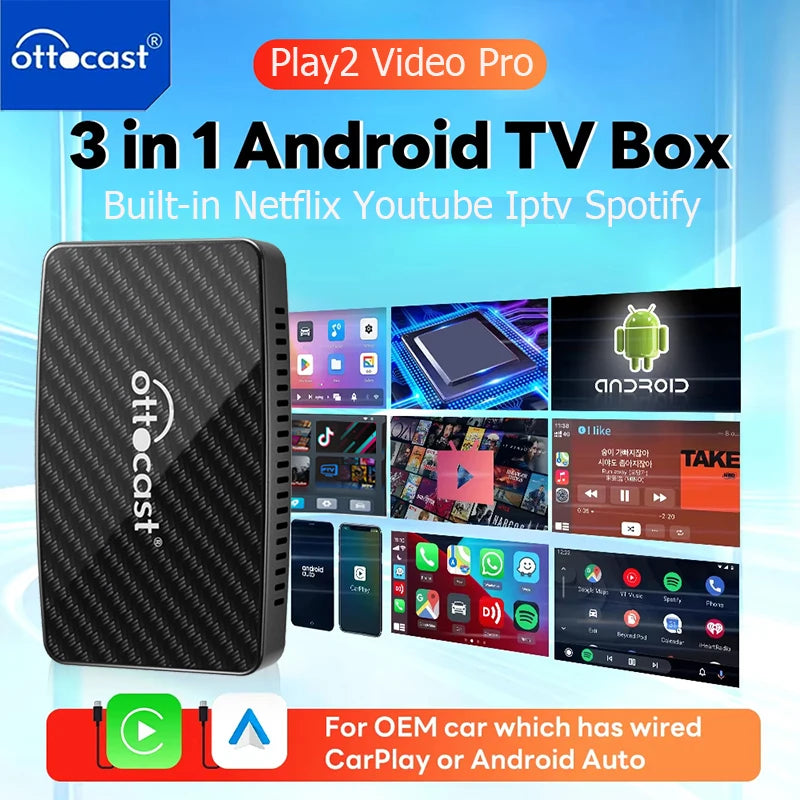 OTTOCAST® Android TV Box - Adaptateur CarPlay Sans Fil pour Voiture, Android Auto, YouTube & Netflix - Compatible avec 99% des Voitures