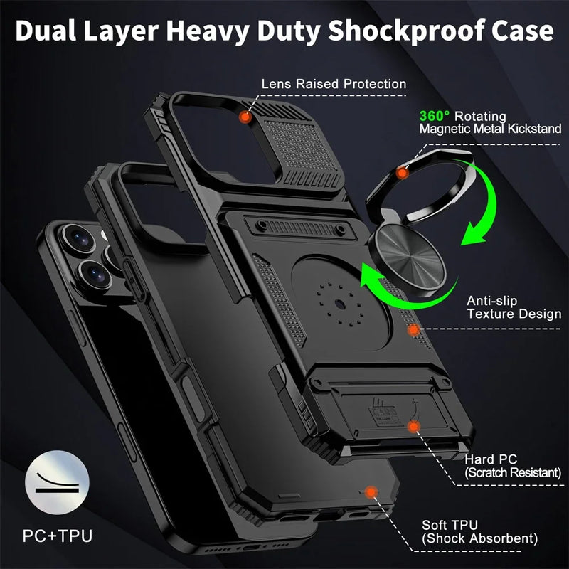 MagneticShield® iPhone Case – Heavy Duty Protection with Rotated Ring Kickstand & Wallet Cover