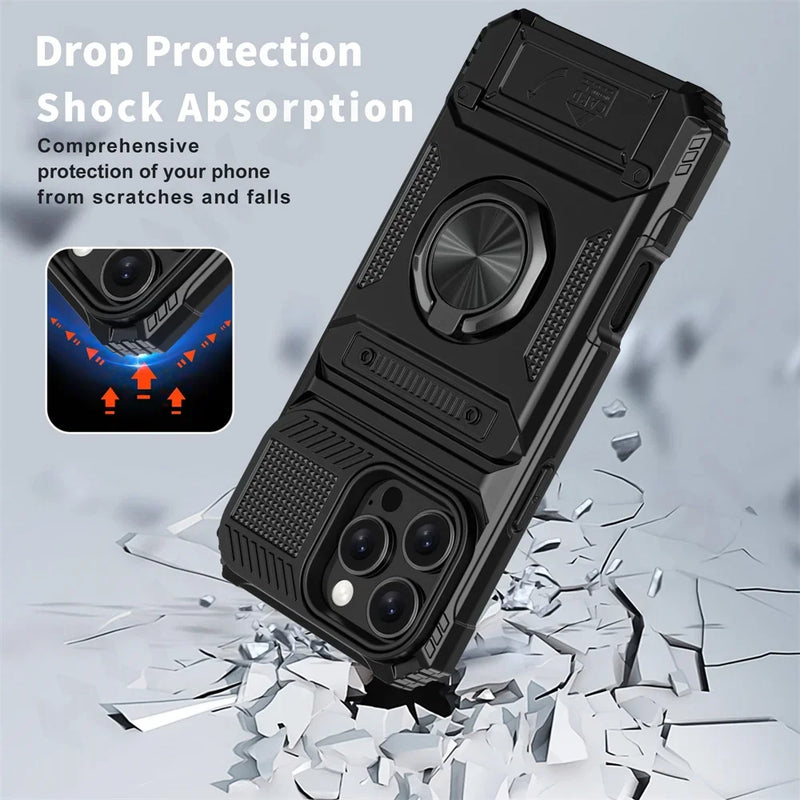 MagneticShield® iPhone Case – Heavy Duty Protection with Rotated Ring Kickstand & Wallet Cover